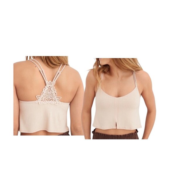 Aerie Womens Ribbed Crop Top With Lace Back Detail Sz Medium Womens Built in Bra - Picture 1 of 13
